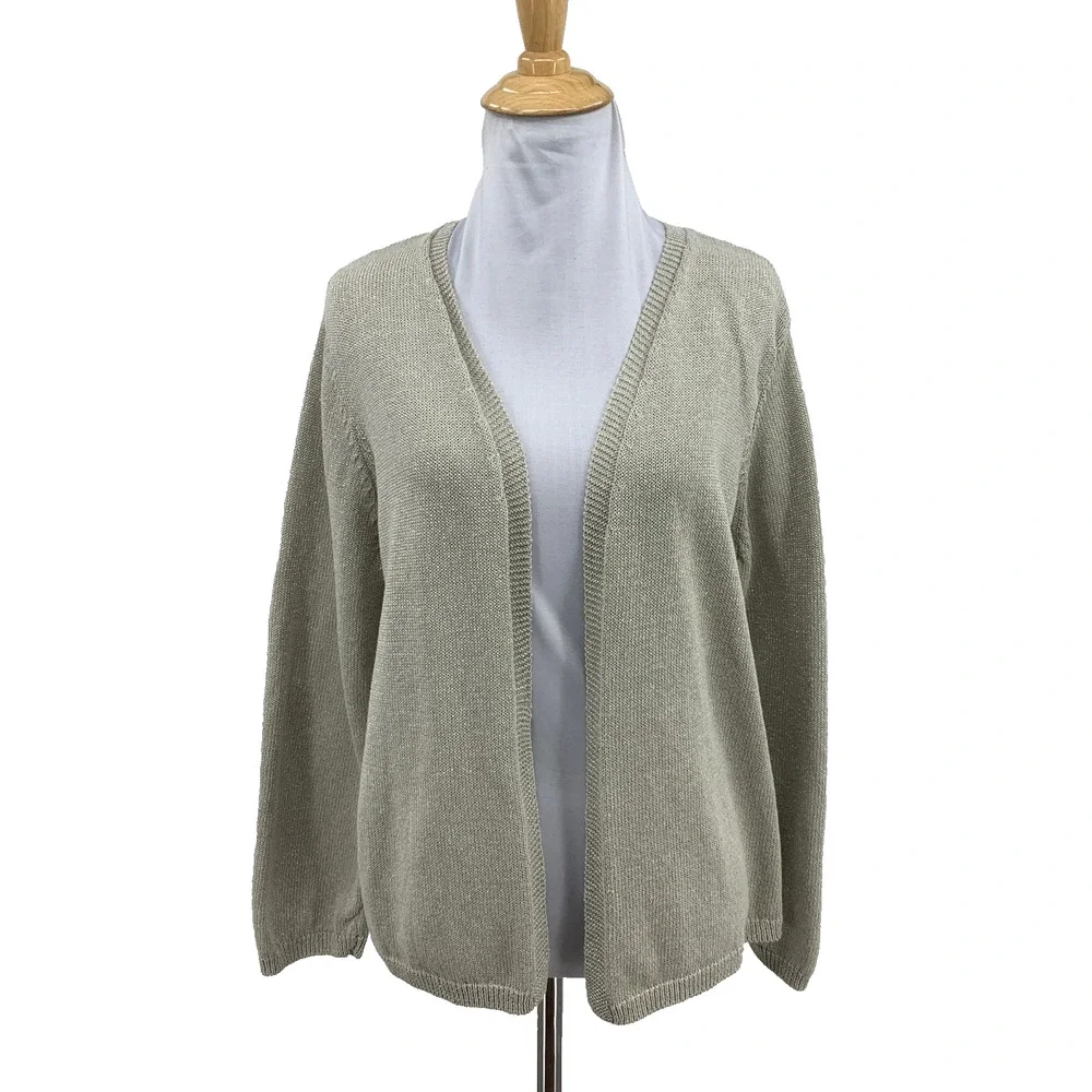 Eileen Fisher Cardigan Womens L Large Beige Open V Neck Metallic Knit Sweater